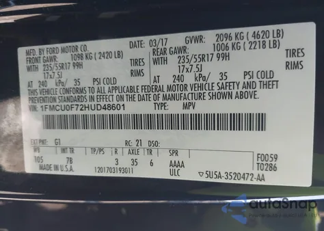 2017 Ford Escape S z USA, uszkodzony, nr VIN 1FMCU0F72HUD48601